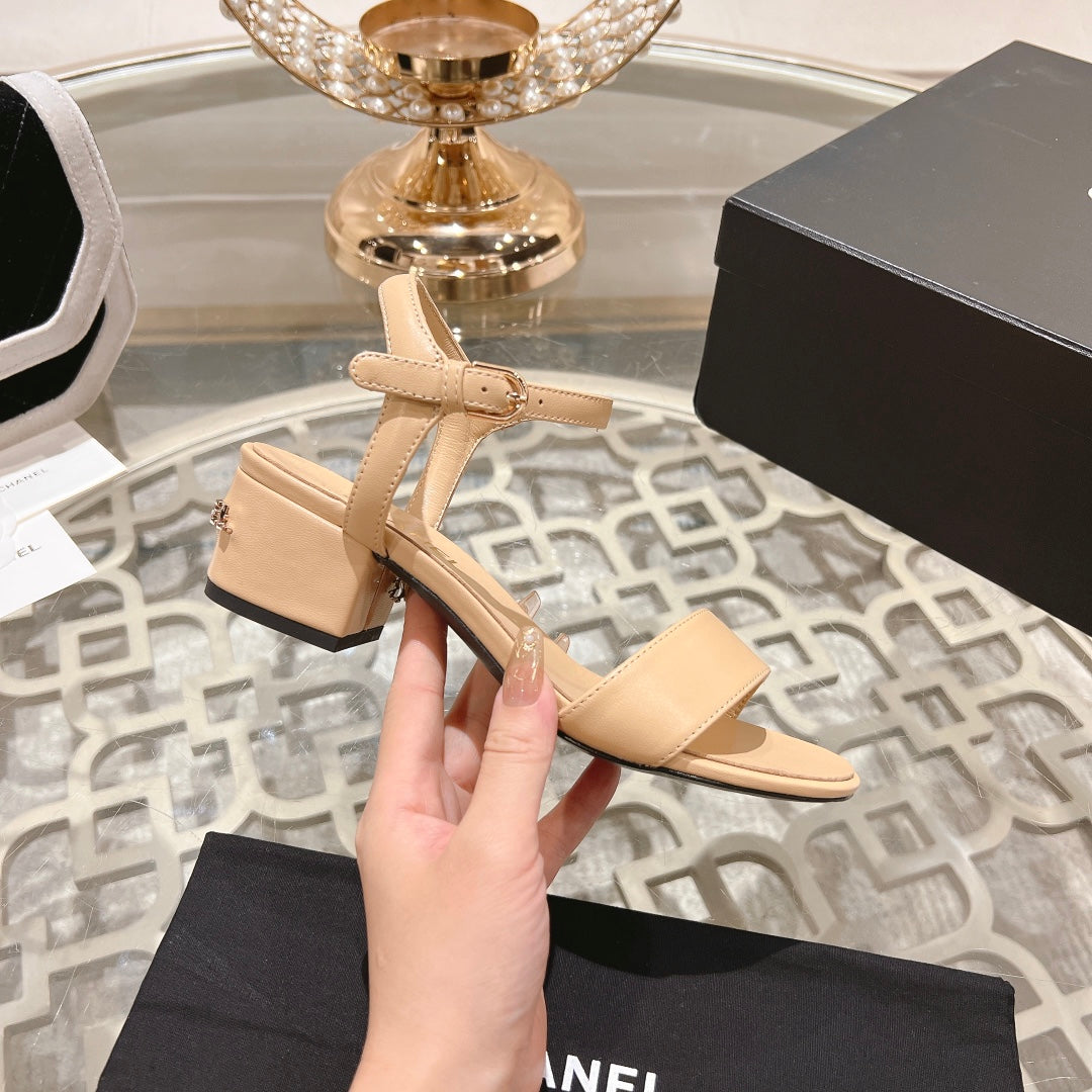CHANEL 25C 5CM Mid Heed Sandals Cream Italian Leather 213317