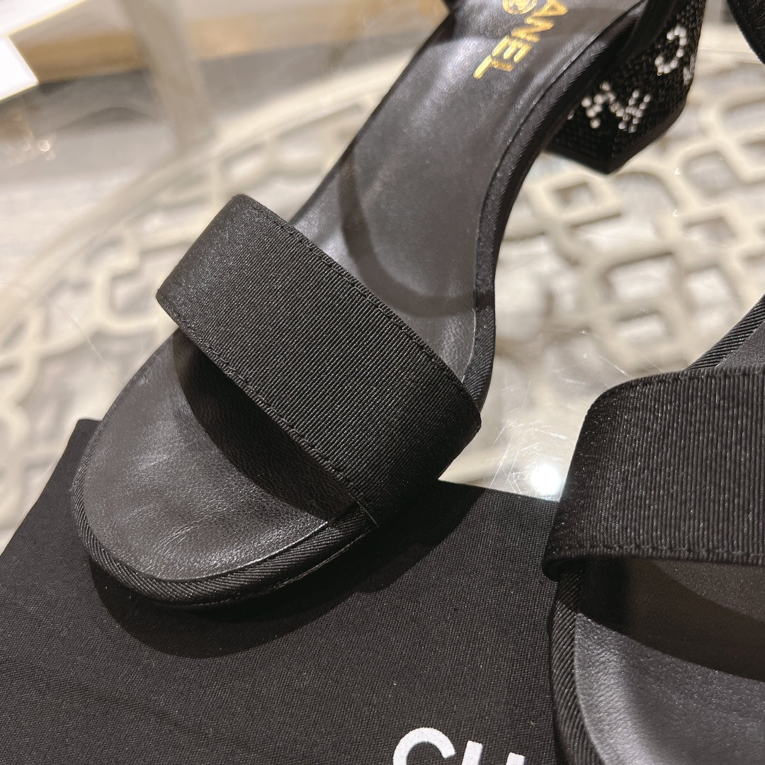 CHANEL 25C 5CM Mid Heed Sandals Black Fabric 213321