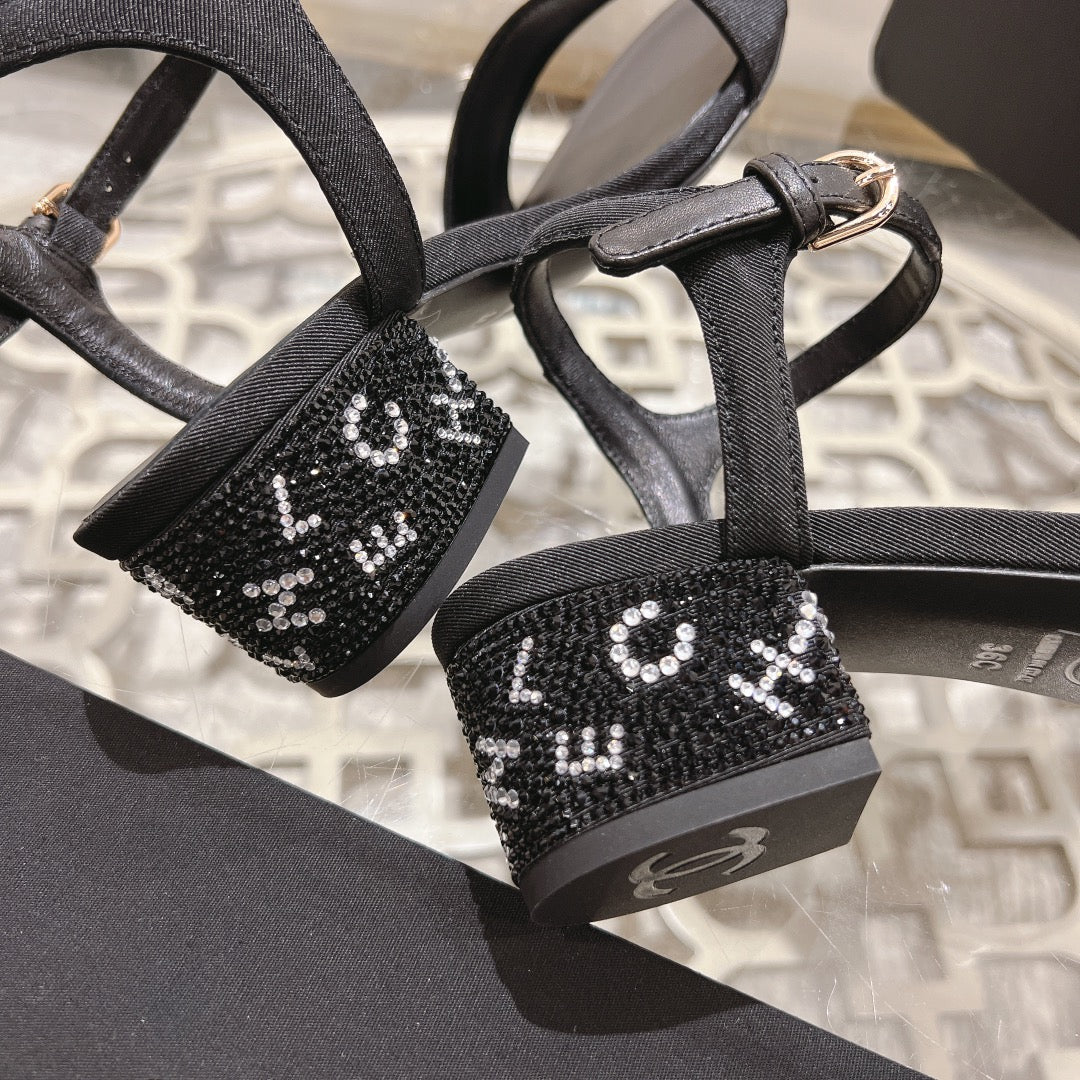 CHANEL 25C 5CM Mid Heed Sandals Black Fabric 213321