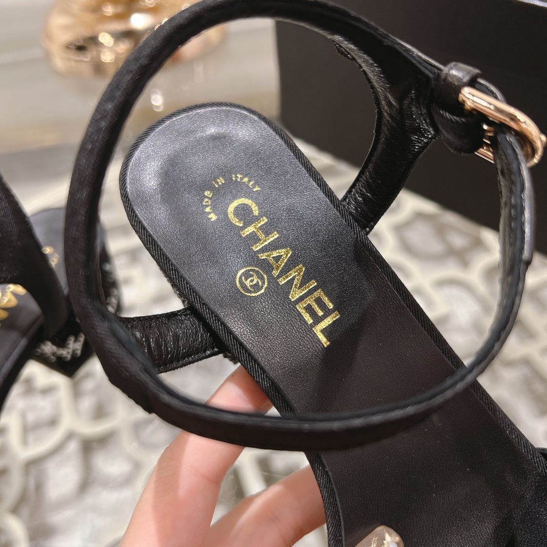 CHANEL 25C 5CM Mid Heed Sandals Black Fabric 213321