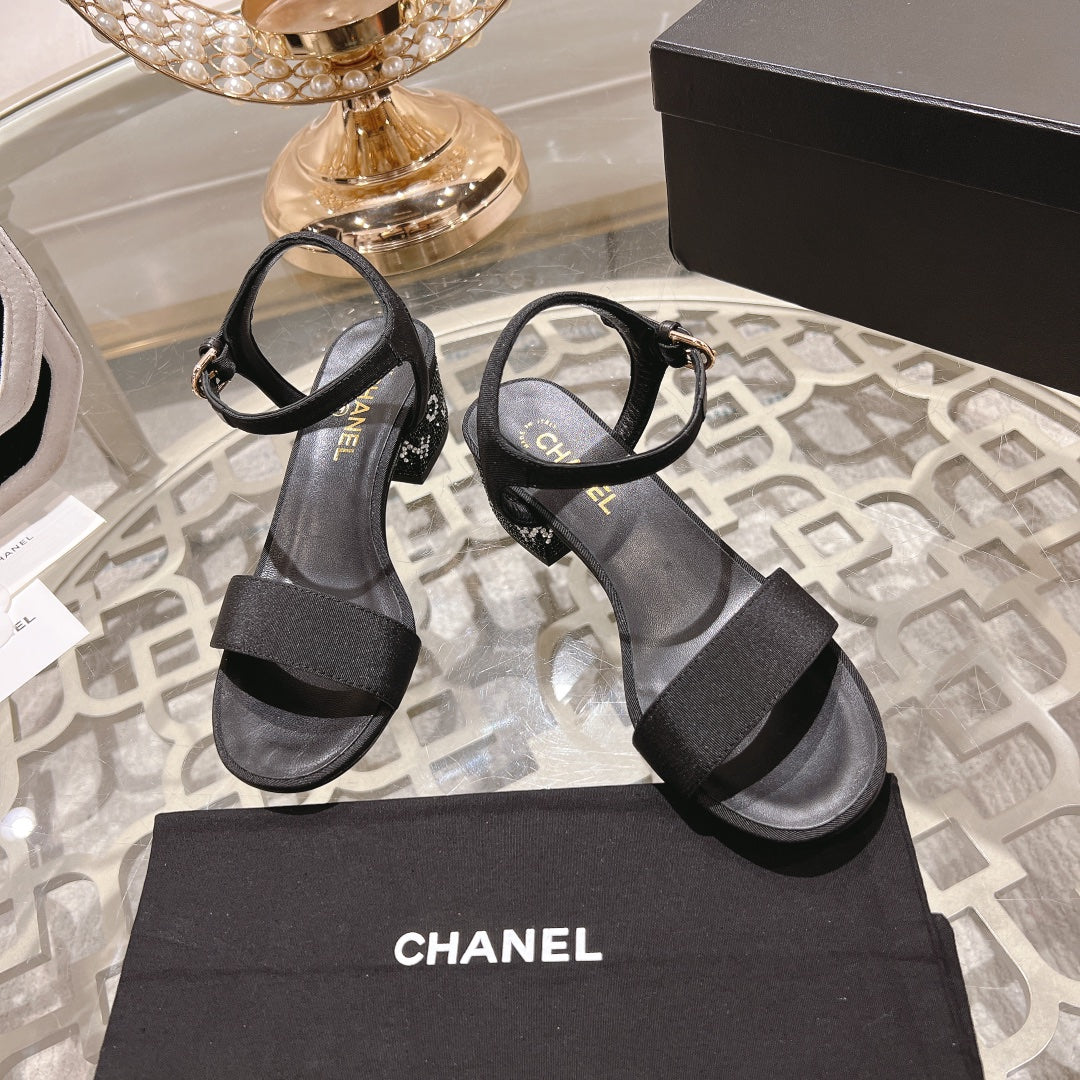 CHANEL 25C 5CM Mid Heed Sandals Black Fabric 213321