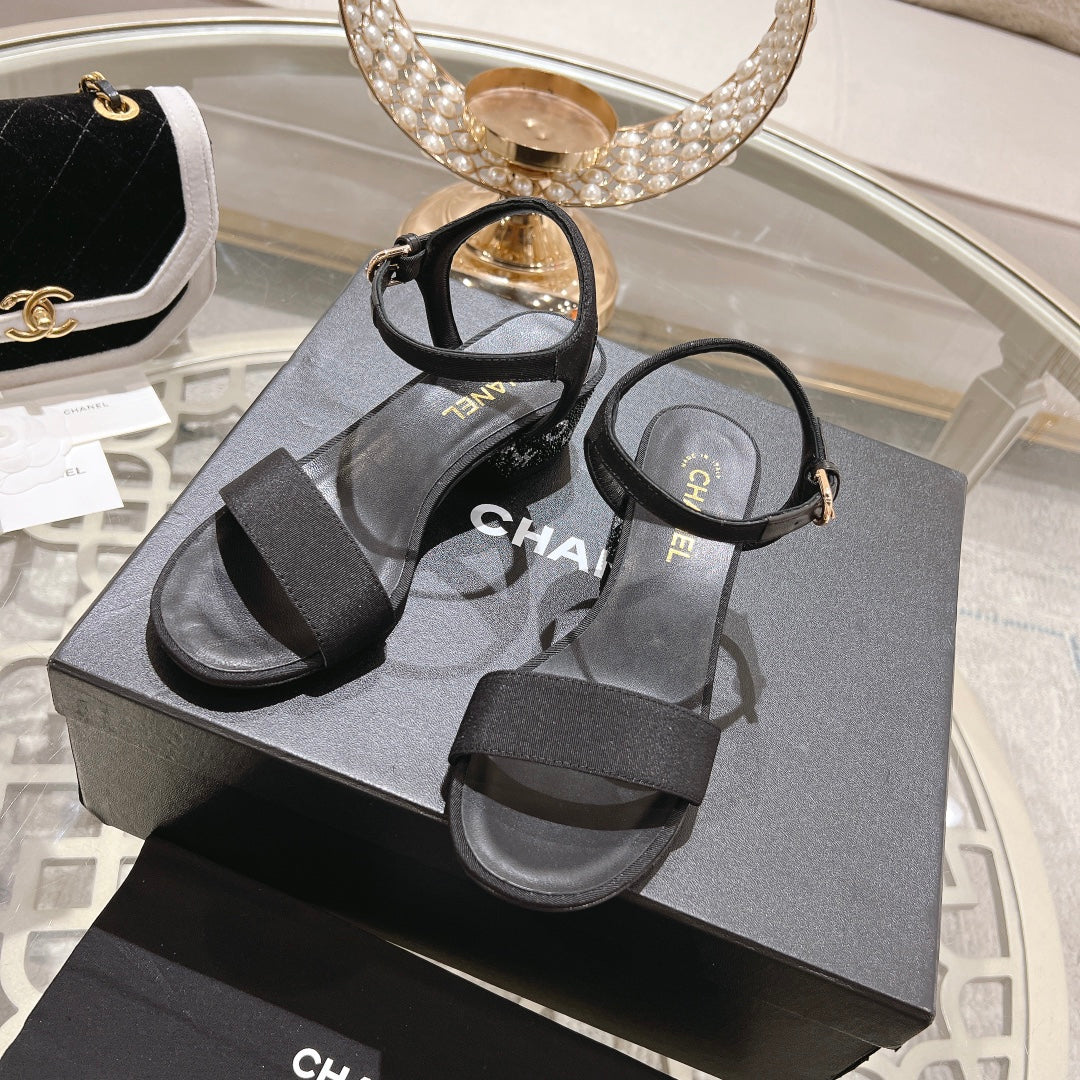 CHANEL 25C 5CM Mid Heed Sandals Black Fabric 213321