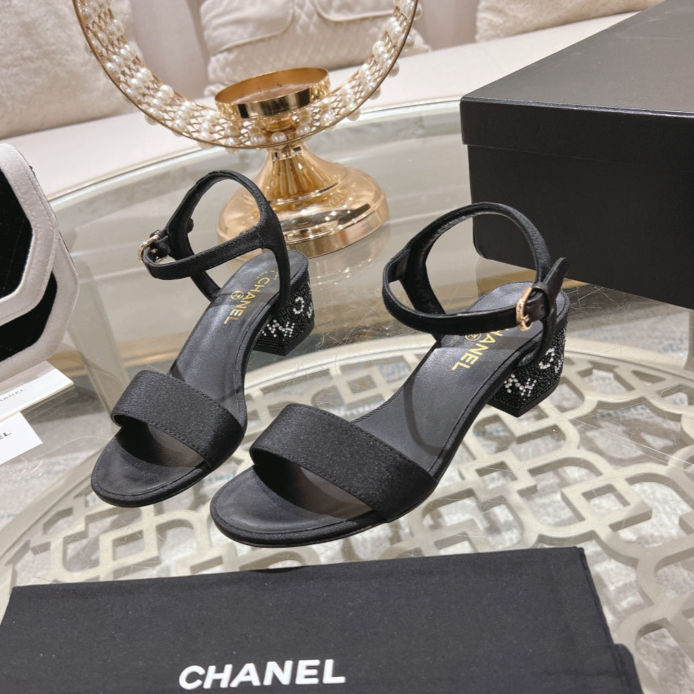 CHANEL 25C 5CM Mid Heed Sandals Black Fabric 213321