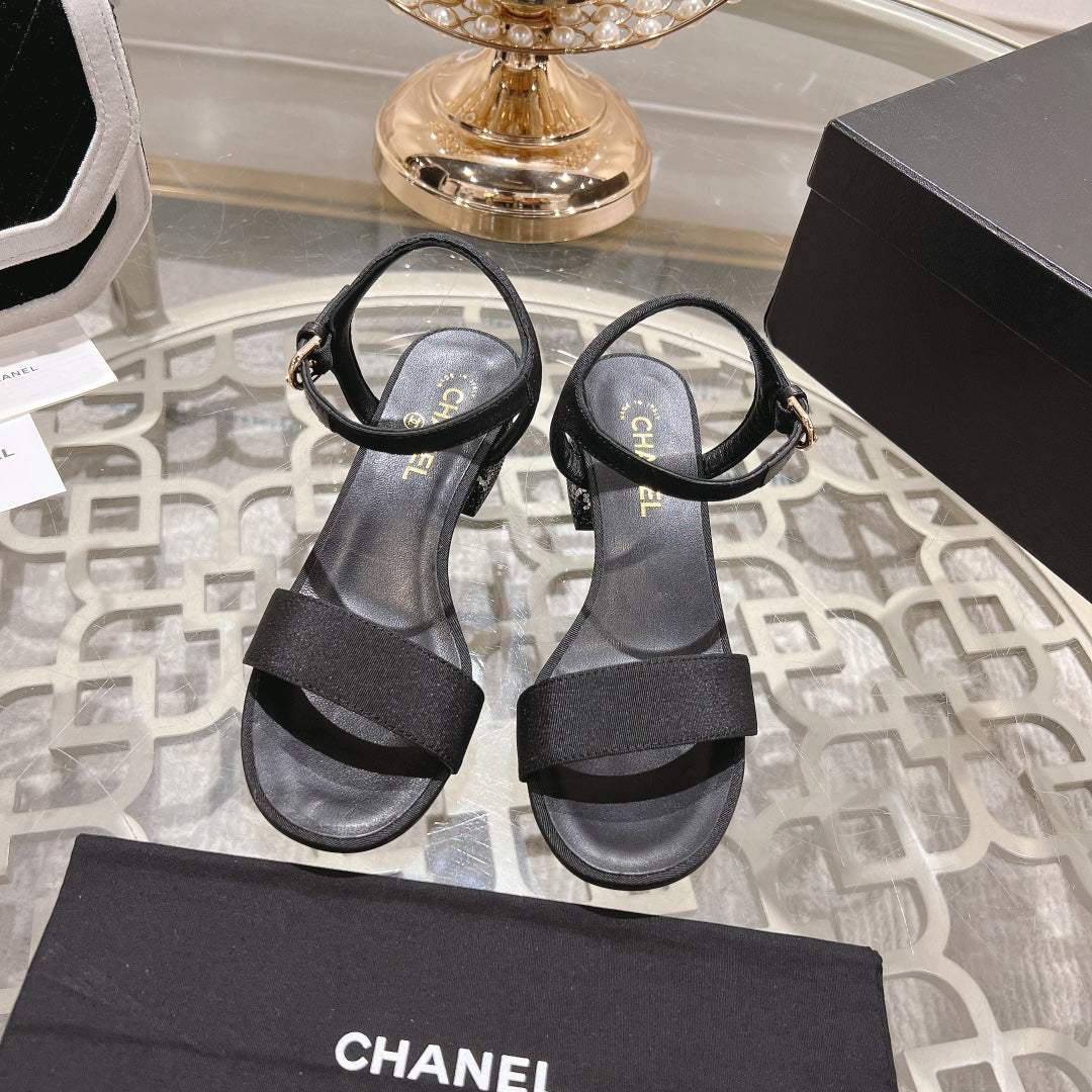 CHANEL 25C 5CM Mid Heed Sandals Black Fabric 213321