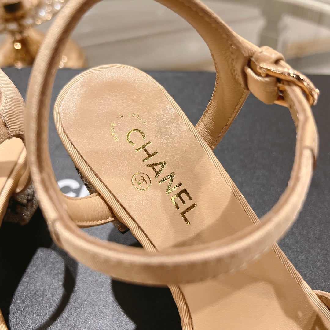 CHANEL 25C 5CM Mid Heed Sandals Cream Fabric 213322