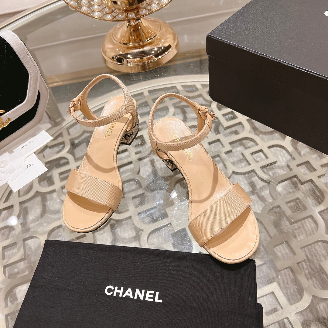CHANEL 25C 5CM Mid Heed Sandals Cream Fabric 213322