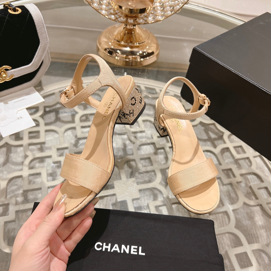 CHANEL 25C 5CM Mid Heed Sandals Cream Fabric 213322