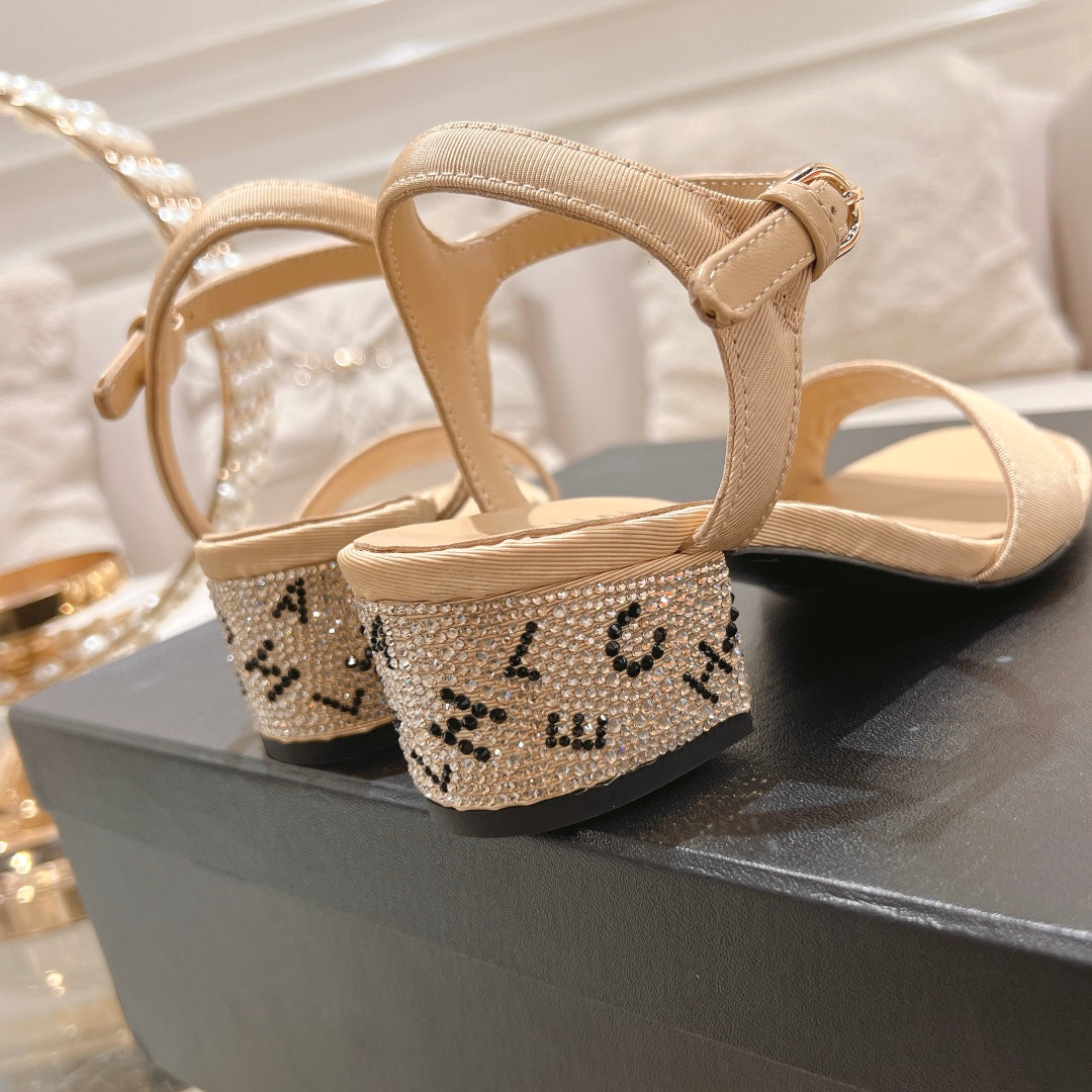 CHANEL 25C 5CM Mid Heed Sandals Cream Fabric 213322