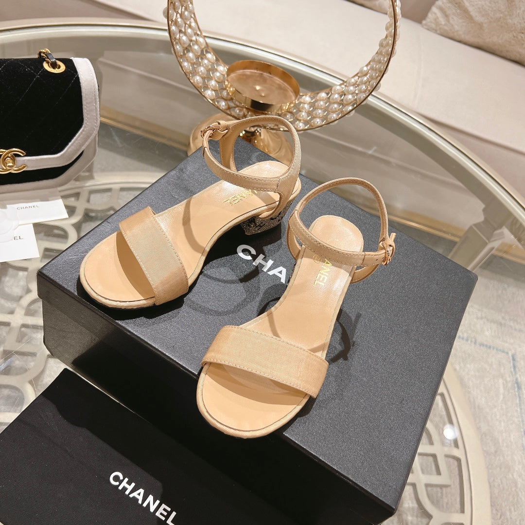 CHANEL 25C 5CM Mid Heed Sandals Cream Fabric 213322