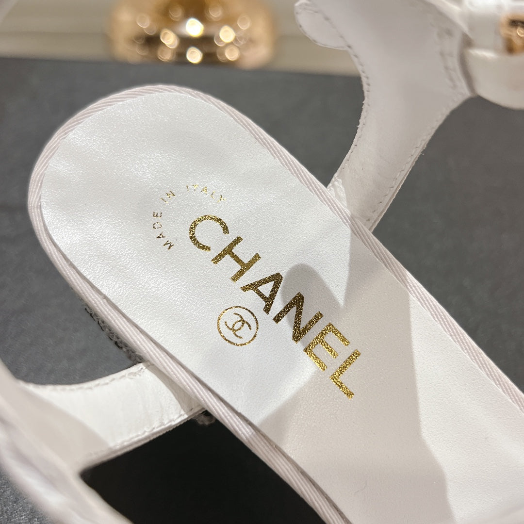 CHANEL 25C 5CM Mid Heed Sandals White Fabric 213323
