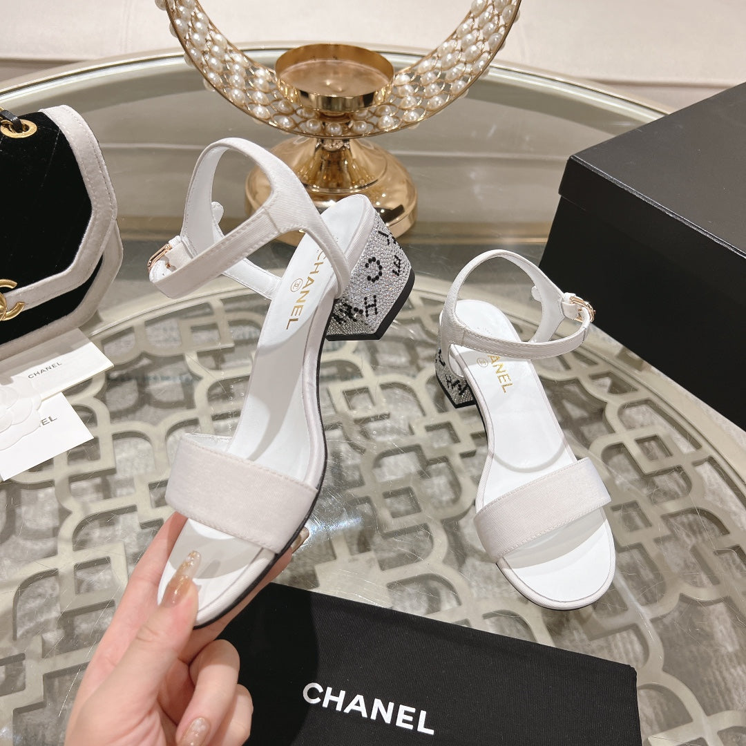 CHANEL 25C 5CM Mid Heed Sandals White Fabric 213323