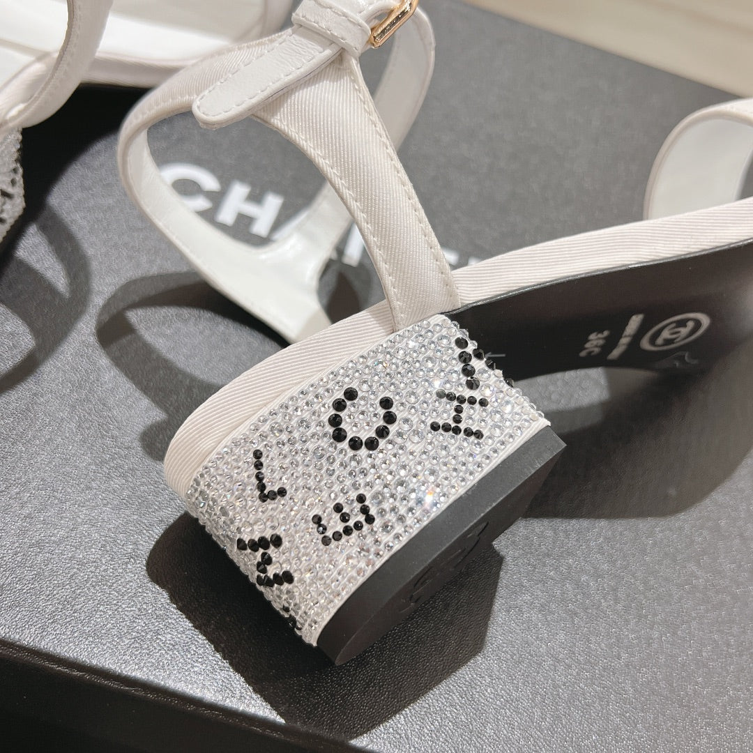 CHANEL 25C 5CM Mid Heed Sandals White Fabric 213323