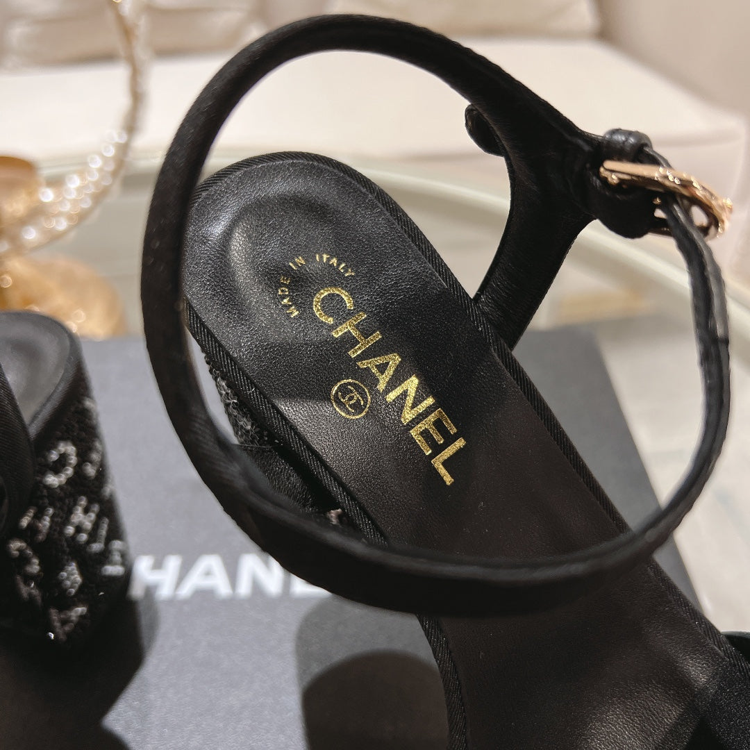 CHANEL 25C 10CM Mid Heed Sandals Black Fabric 213324