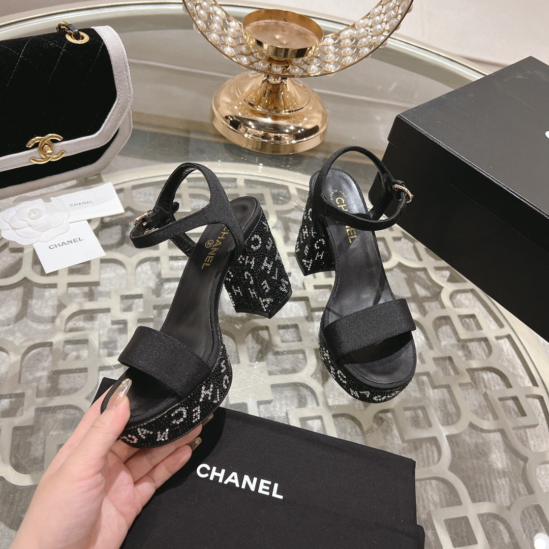 CHANEL 25C 10CM Mid Heed Sandals Black Fabric 213324