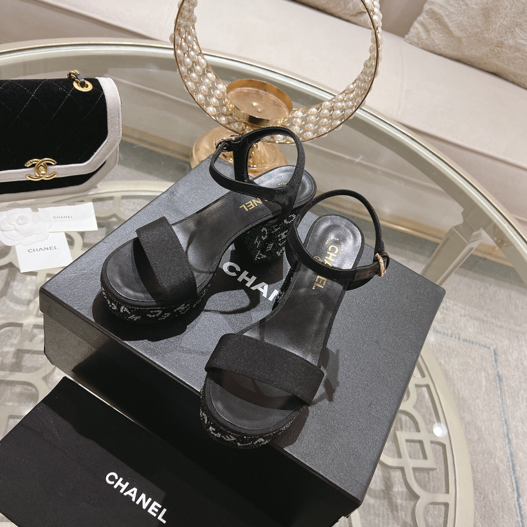 CHANEL 25C 10CM Mid Heed Sandals Black Fabric 213324