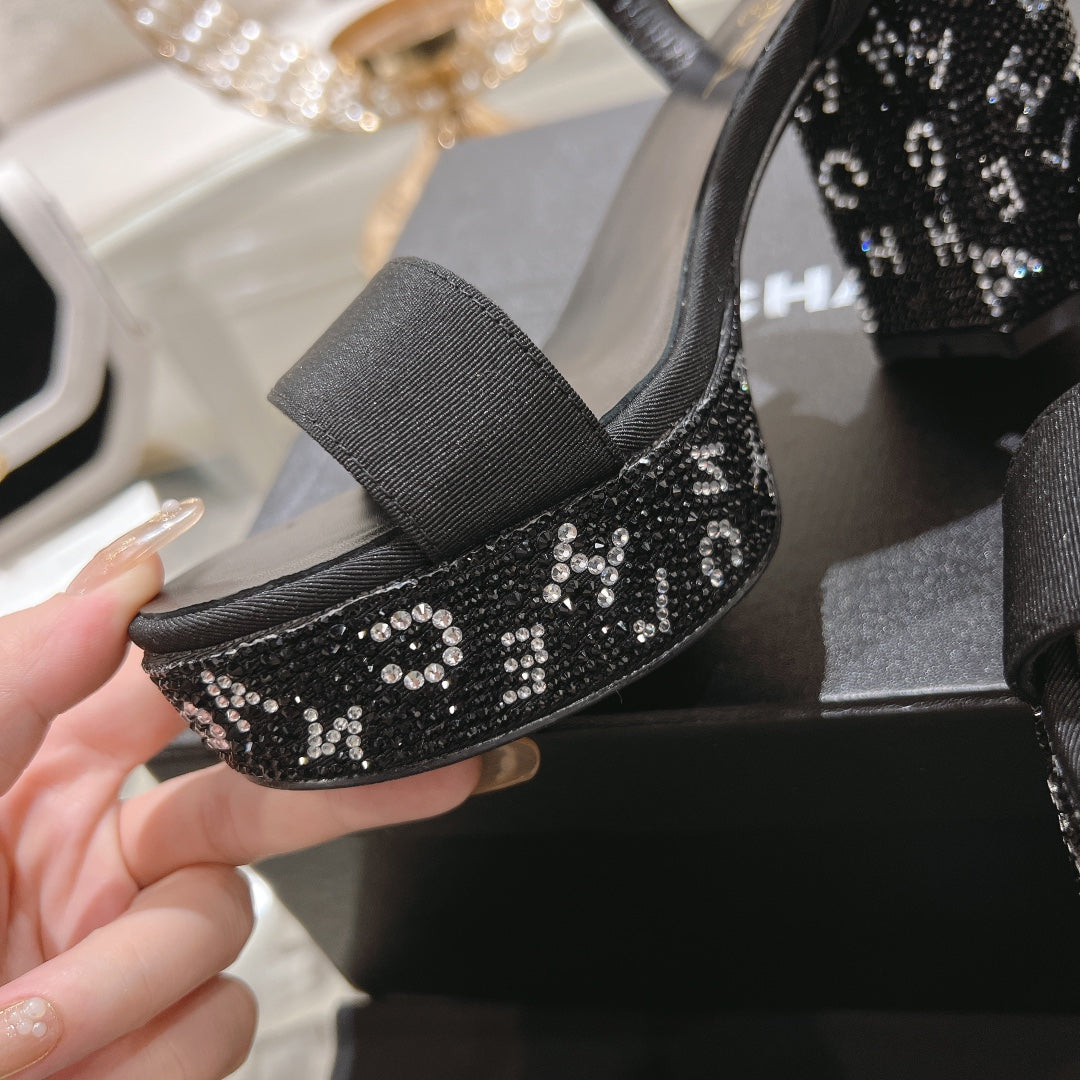 CHANEL 25C 10CM Mid Heed Sandals Black Fabric 213324