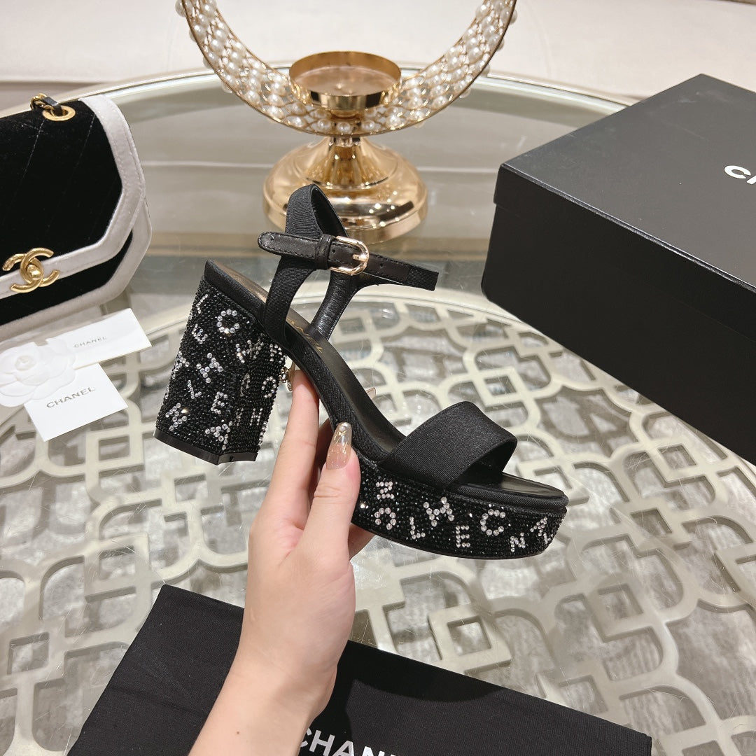 CHANEL 25C 10CM Mid Heed Sandals Black Fabric 213324