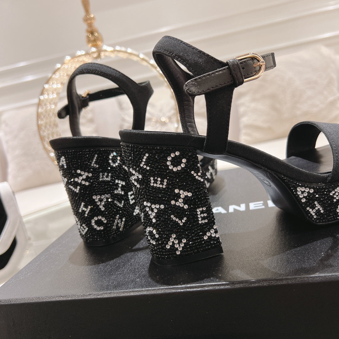 CHANEL 25C 10CM Mid Heed Sandals Black Fabric 213324