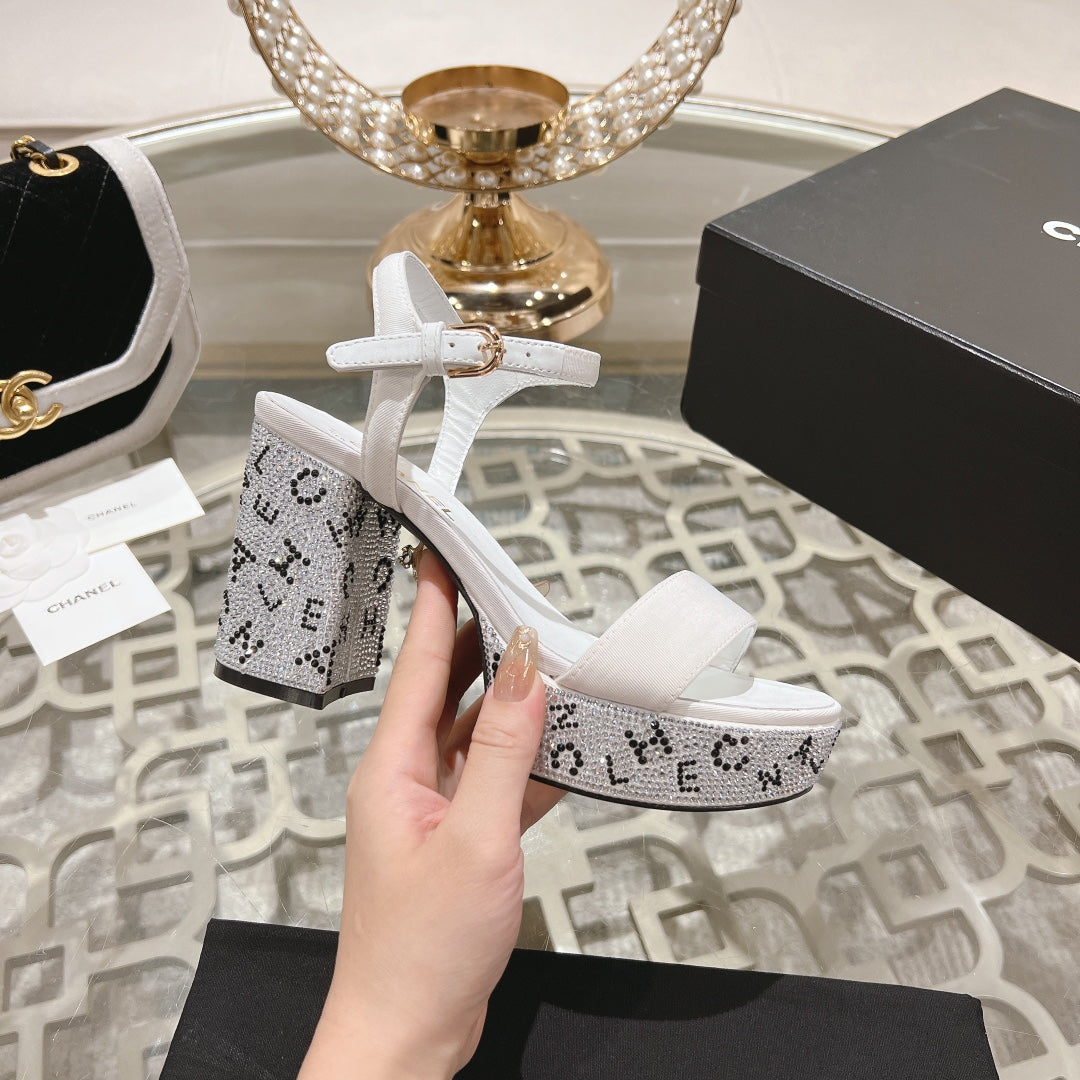 CHANEL 25C 10CM Mid Heed Sandals White Fabric 213325