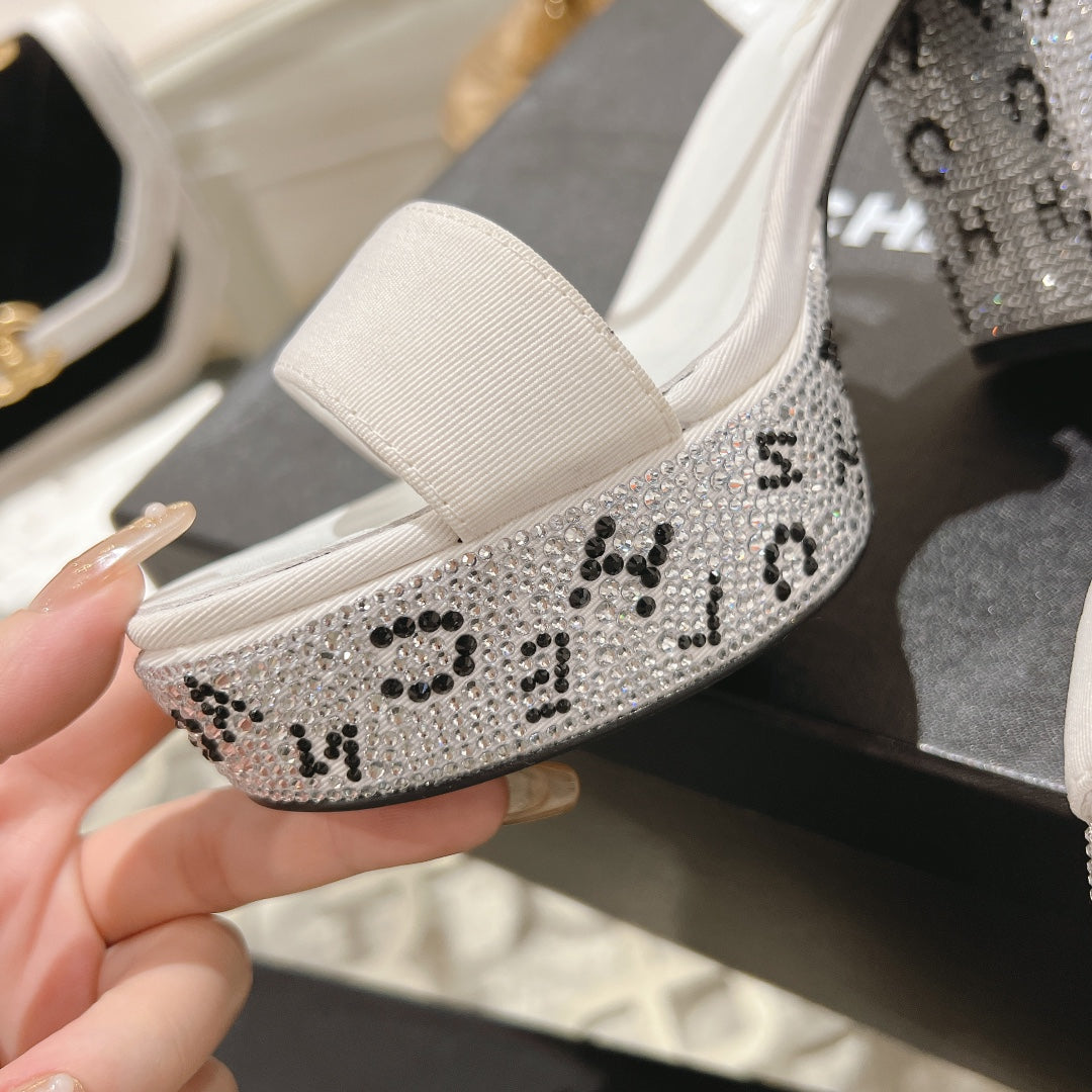 CHANEL 25C 10CM Mid Heed Sandals White Fabric 213325