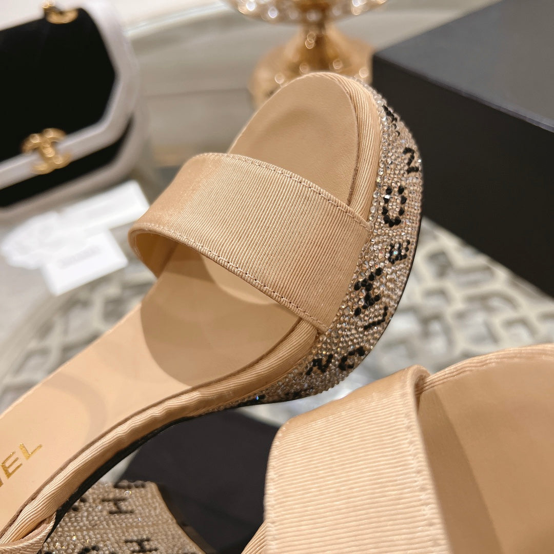 CHANEL 25C 10CM Mid Heed Sandals Cream Fabric 213326