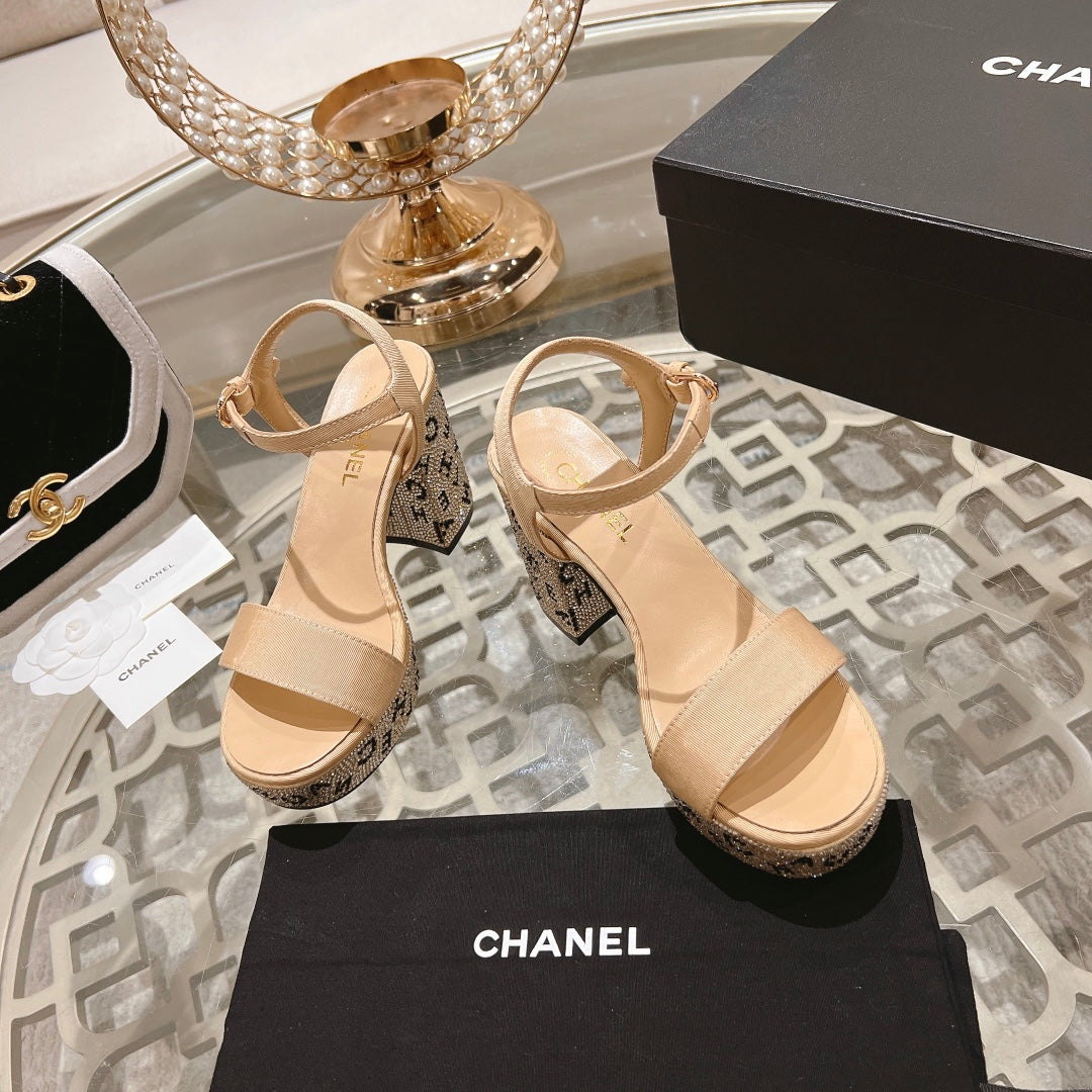 CHANEL 25C 10CM Mid Heed Sandals Cream Fabric 213326