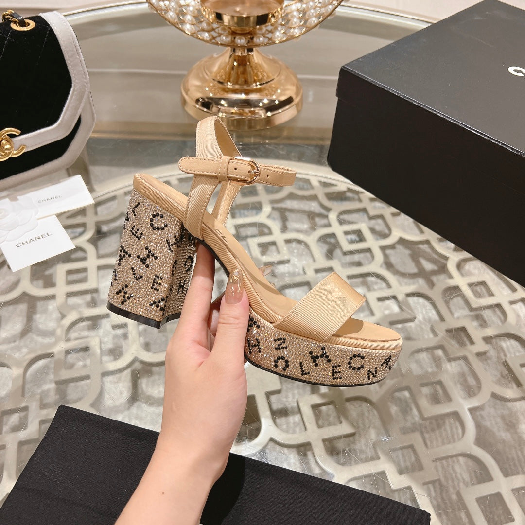CHANEL 25C 10CM Mid Heed Sandals Cream Fabric 213326