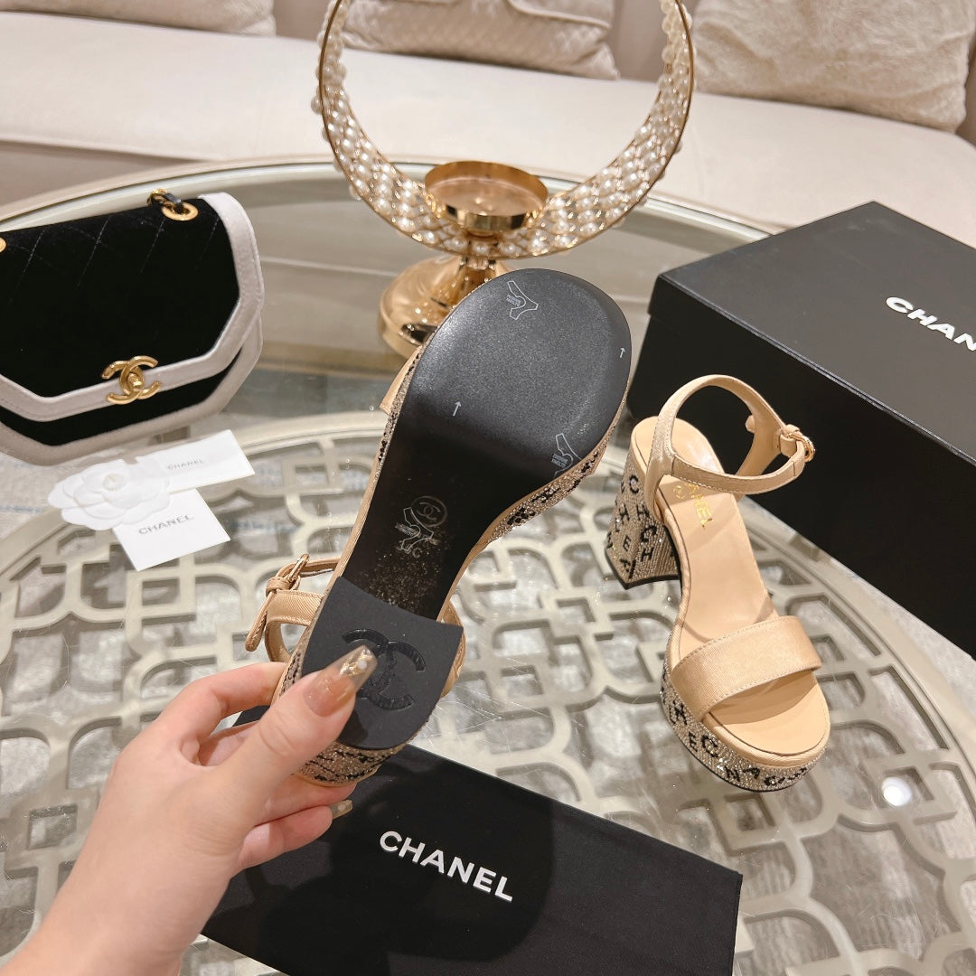 CHANEL 25C 10CM Mid Heed Sandals Cream Fabric 213326