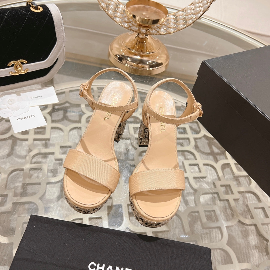 CHANEL 25C 10CM Mid Heed Sandals Cream Fabric 213326