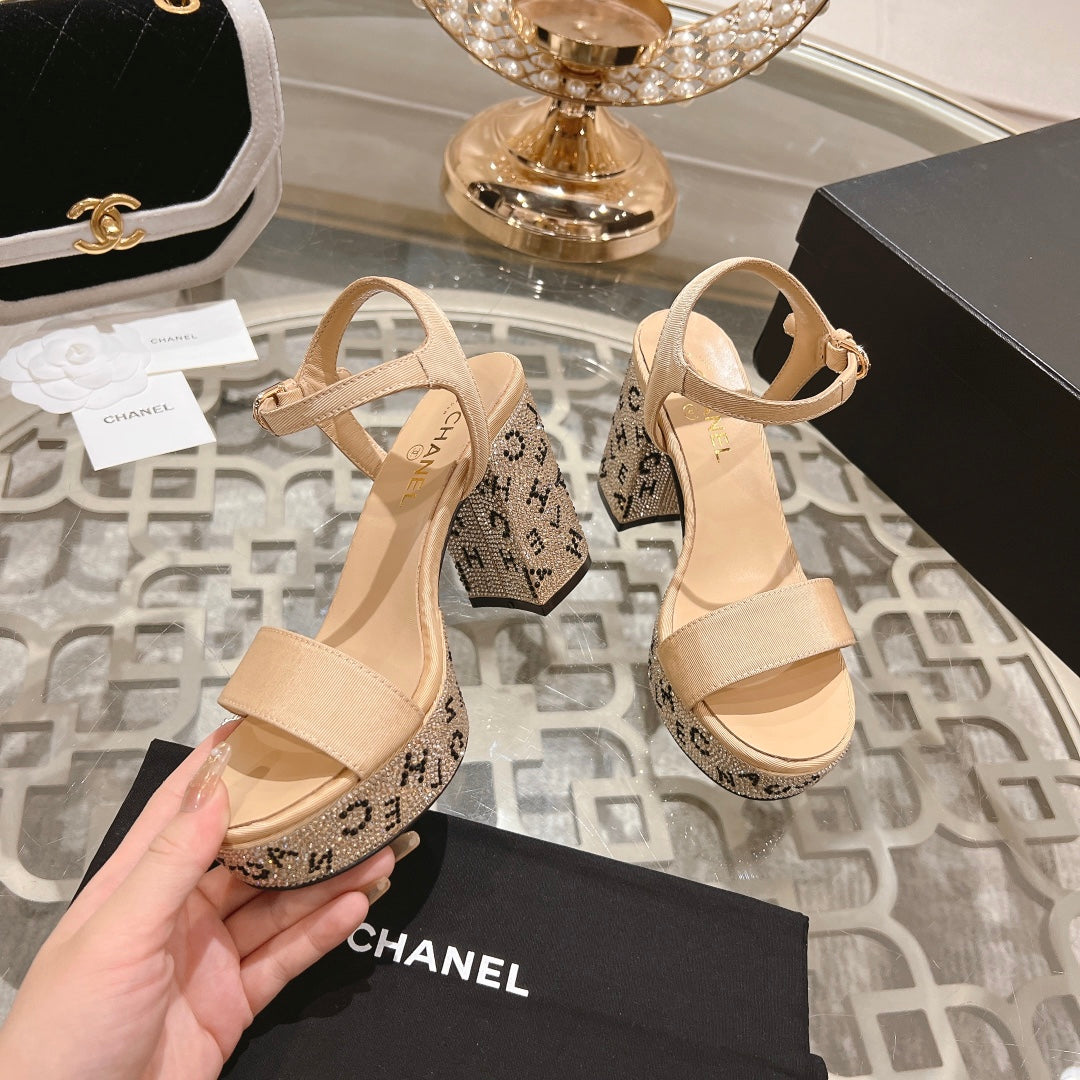 CHANEL 25C 10CM Mid Heed Sandals Cream Fabric 213326