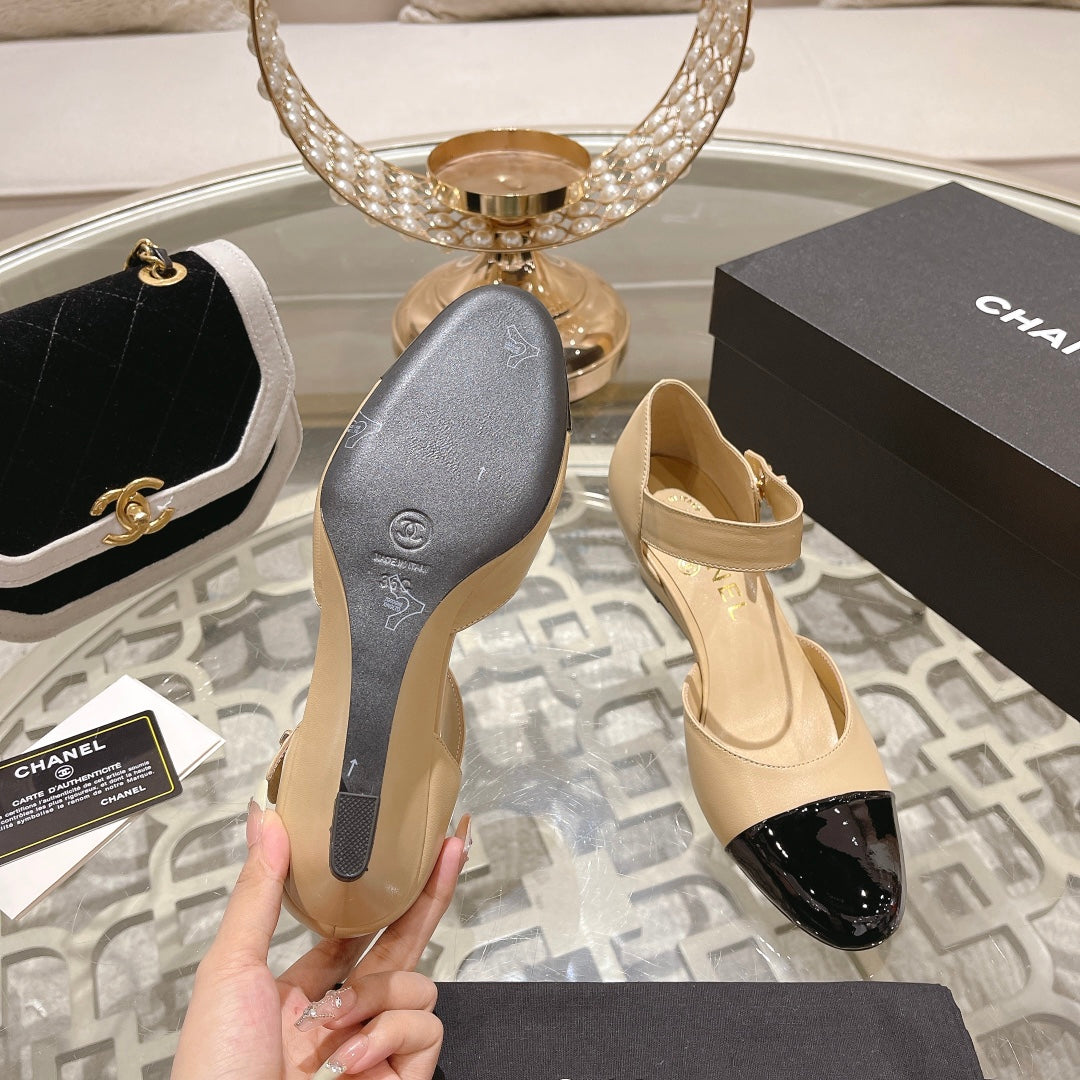CHANEL ballet 6cm beige black wedge heel