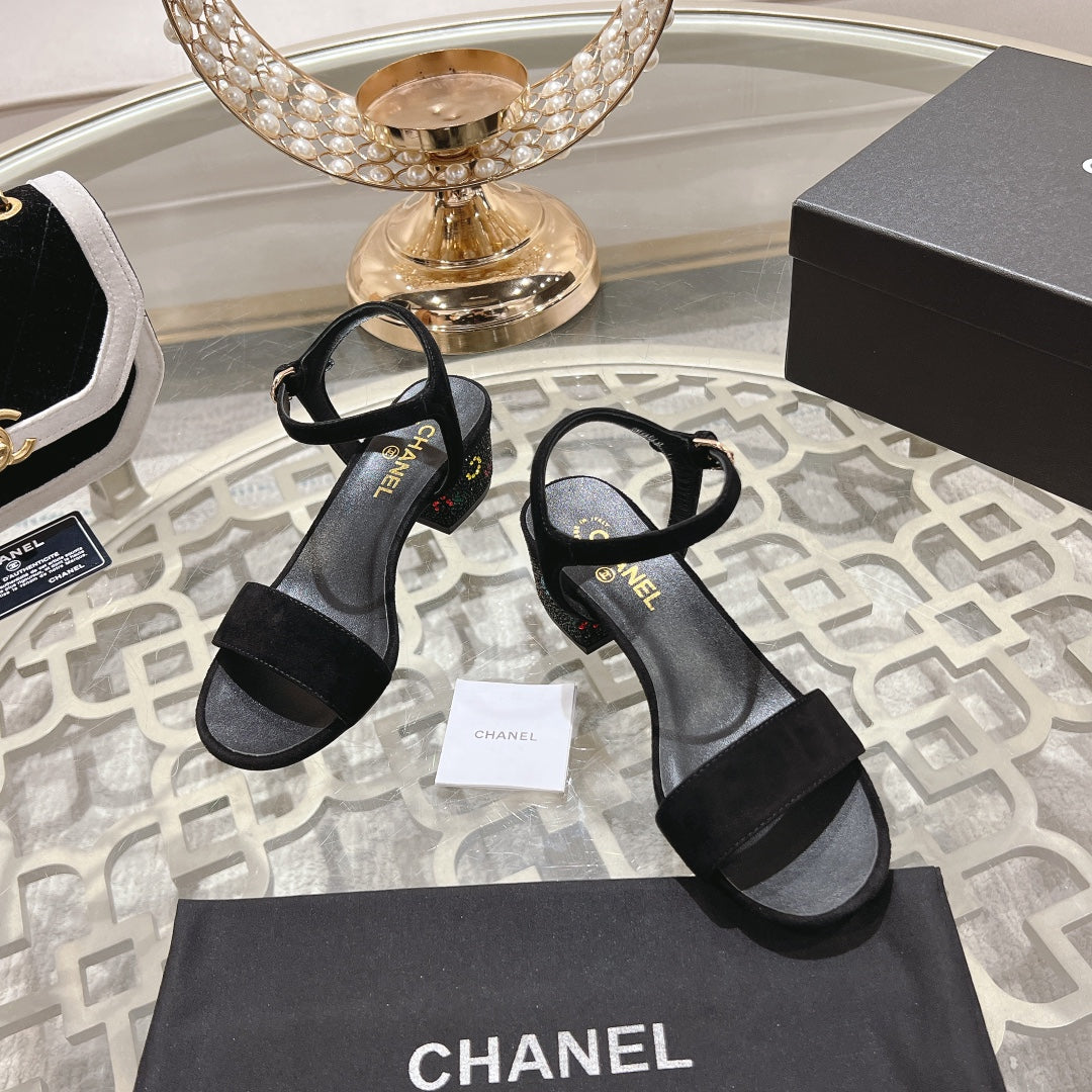 CHANEL 25C 5CM Mid Heed Sandals Black Suede 213327