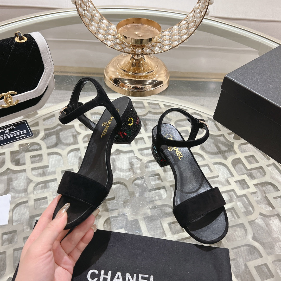 CHANEL 25C 5CM Mid Heed Sandals Black Suede 213327