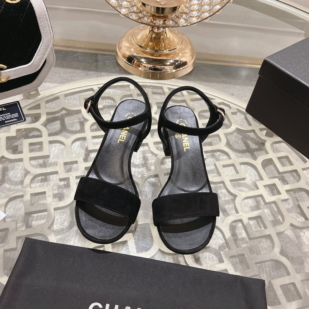 CHANEL 25C 5CM Mid Heed Sandals Black Suede 213327
