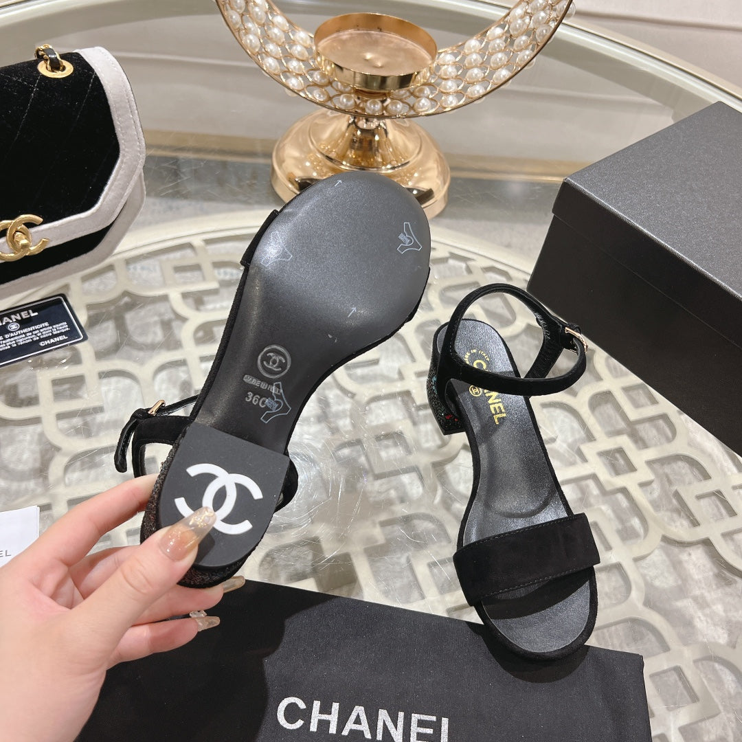 CHANEL 25C 5CM Mid Heed Sandals Black Suede 213327