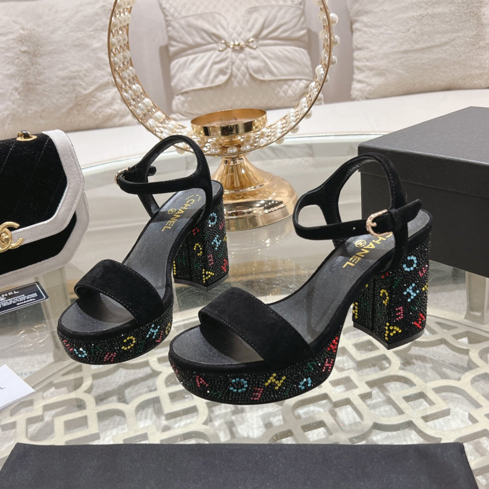 CHANEL 25C 10CM Mid Heed Sandals Black Suede 213328