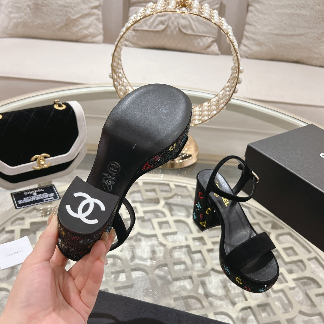 CHANEL 25C 10CM Mid Heed Sandals Black Suede 213328