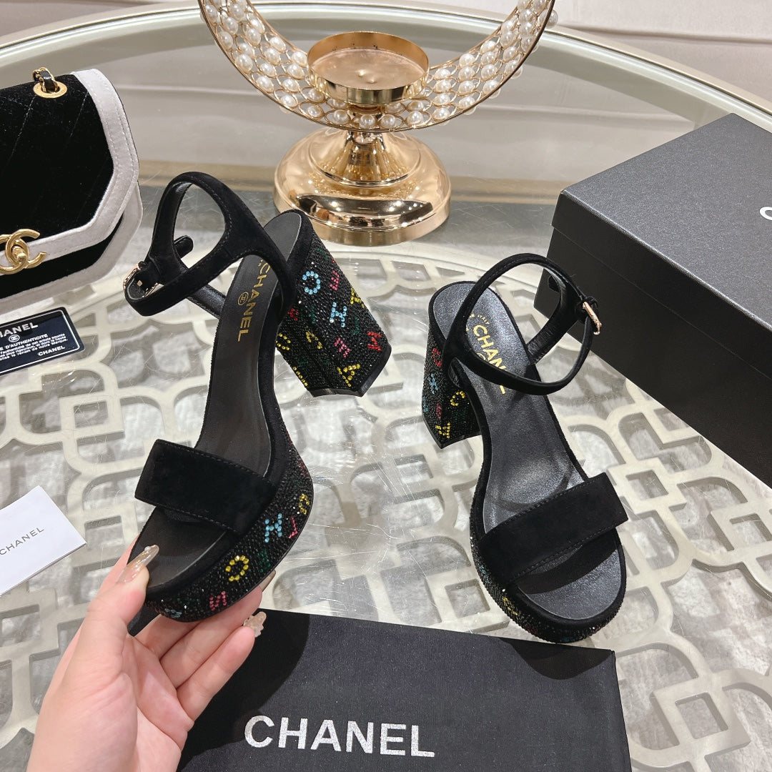CHANEL 25C 10CM Mid Heed Sandals Black Suede 213328