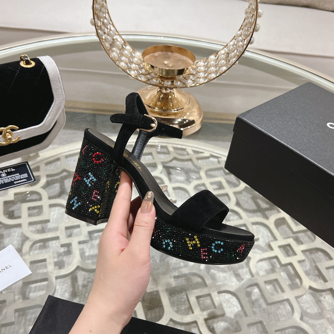 CHANEL 25C 10CM Mid Heed Sandals Black Suede 213328