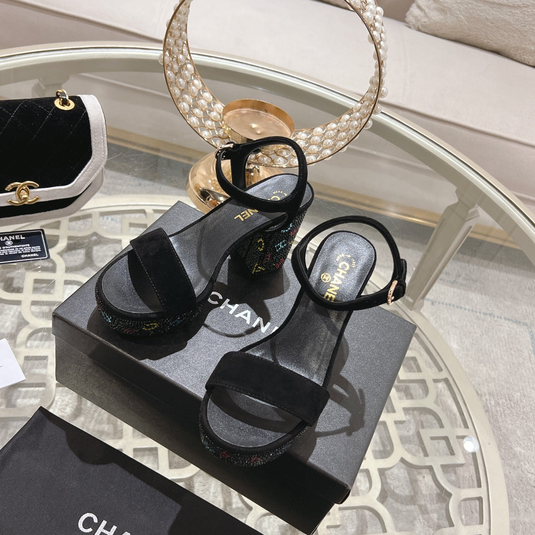 CHANEL 25C 10CM Mid Heed Sandals Black Suede 213328