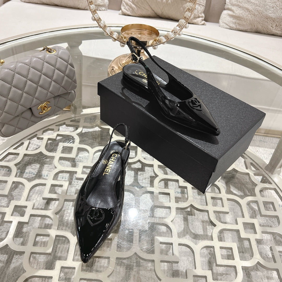 CHANEL 25C Slingback Flats Black Patent Leather 213329