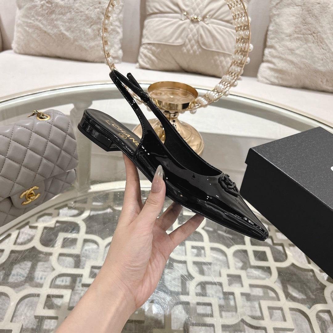 CHANEL 25C Slingback Flats Black Patent Leather 213329