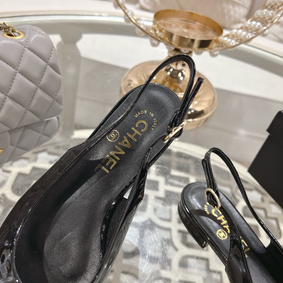 CHANEL 25C Slingback Flats Black Patent Leather 213329