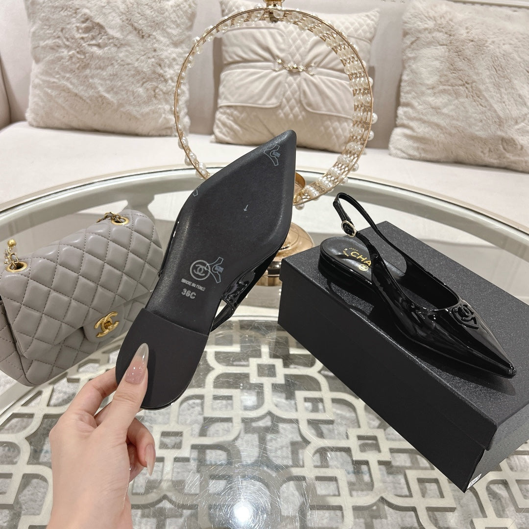 CHANEL 25C Slingback Flats Black Patent Leather 213329