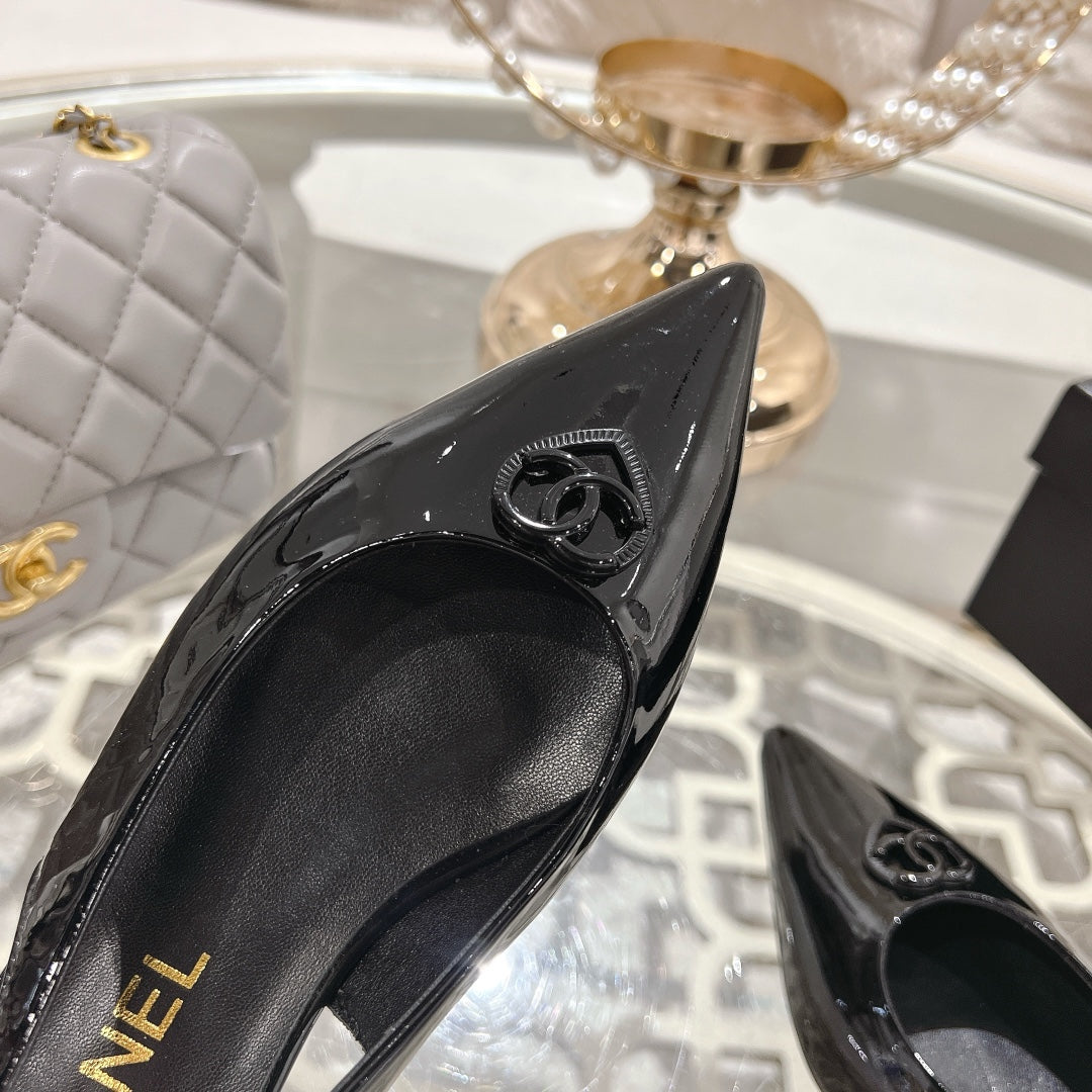 CHANEL 25C Slingback Flats Black Patent Leather 213329