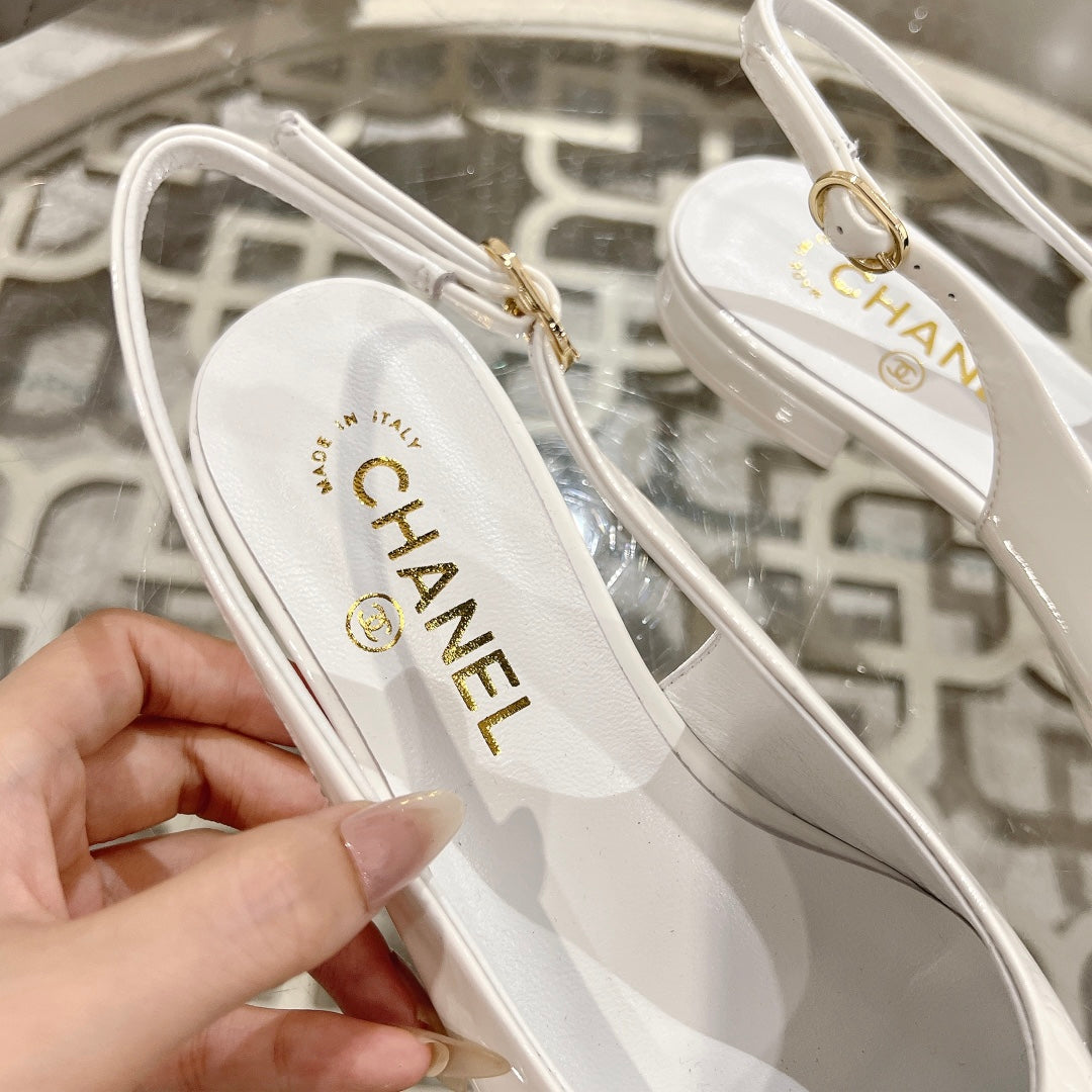 CHANEL 25C Slingback Flats White Patent Leather 213330