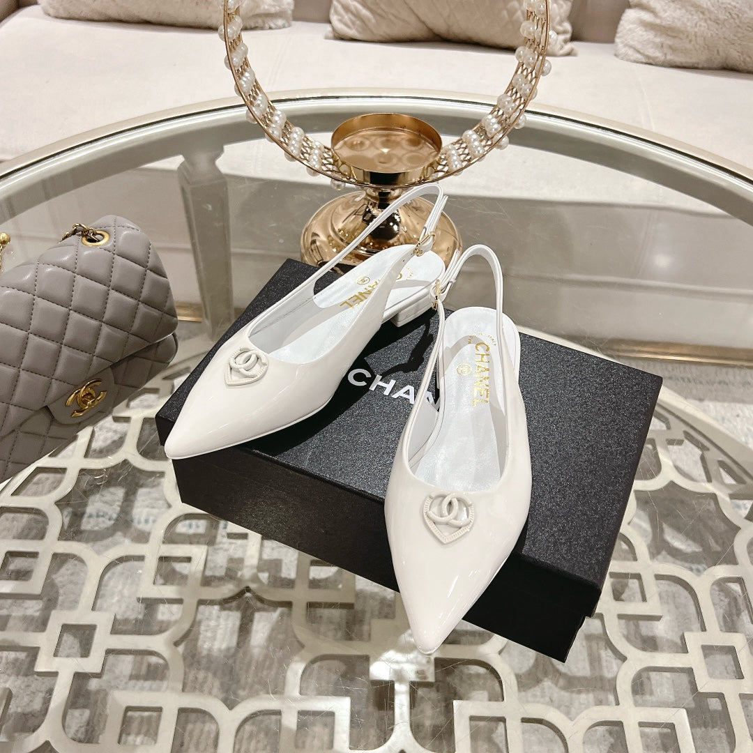CHANEL 25C Slingback Flats White Patent Leather 213330