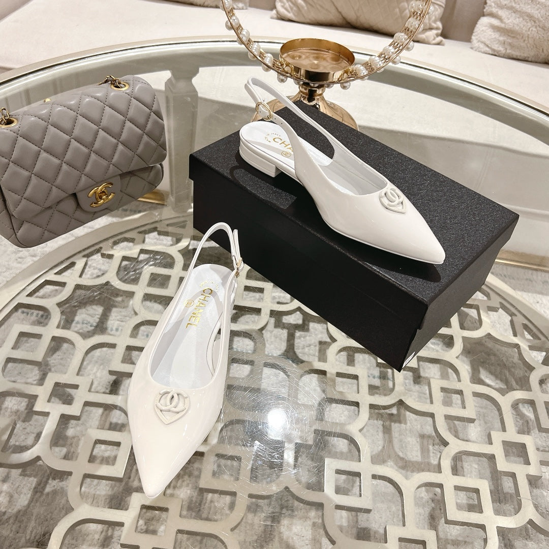CHANEL 25C Slingback Flats White Patent Leather 213330