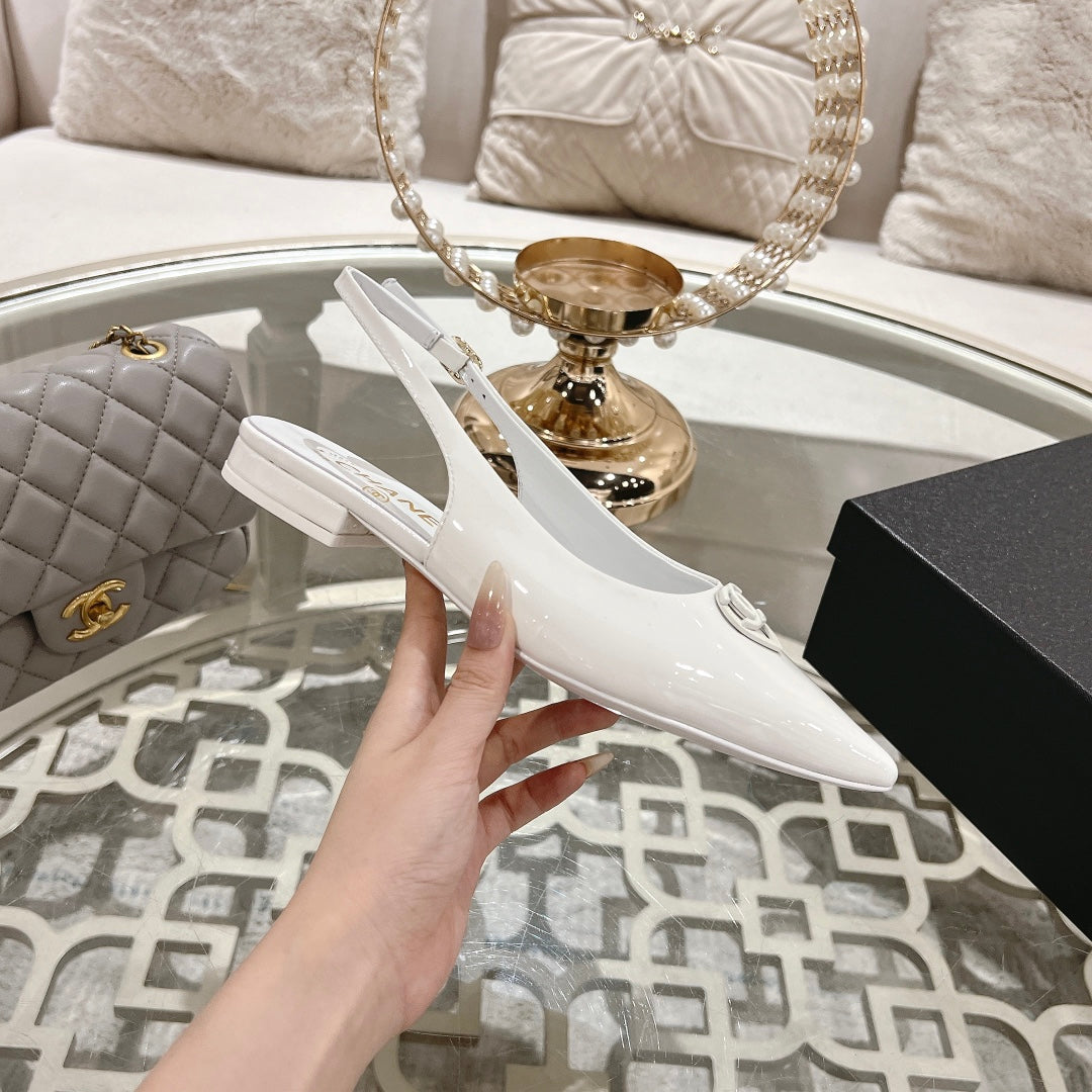 CHANEL 25C Slingback Flats White Patent Leather 213330