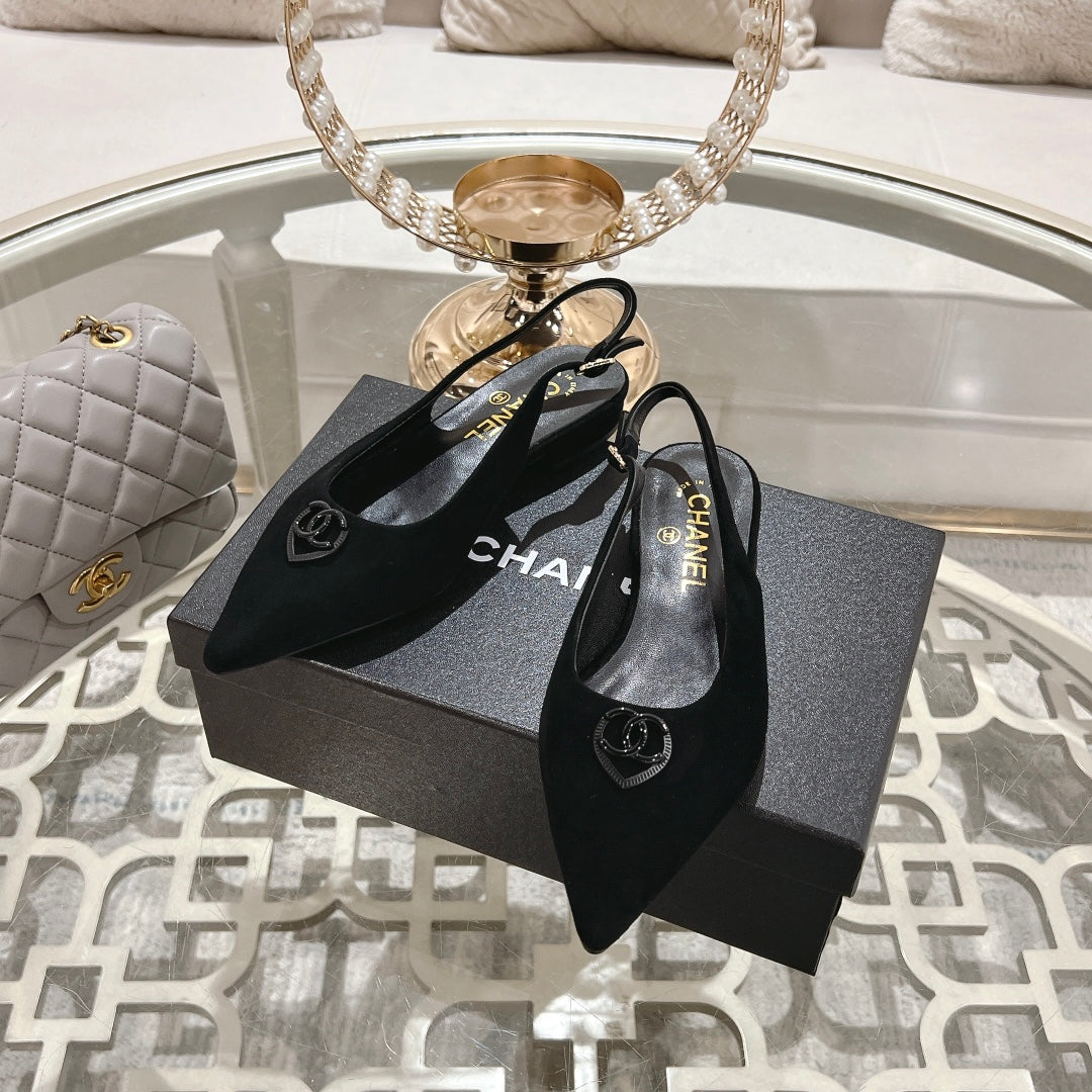 CHANEL 25C Slingback Flats Black Suede 213332